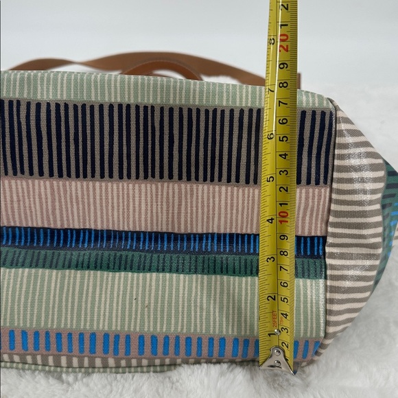 Fossil Vinyl Striped Large Tote Bag with Tan Leather Straps - Picture 11 of 12